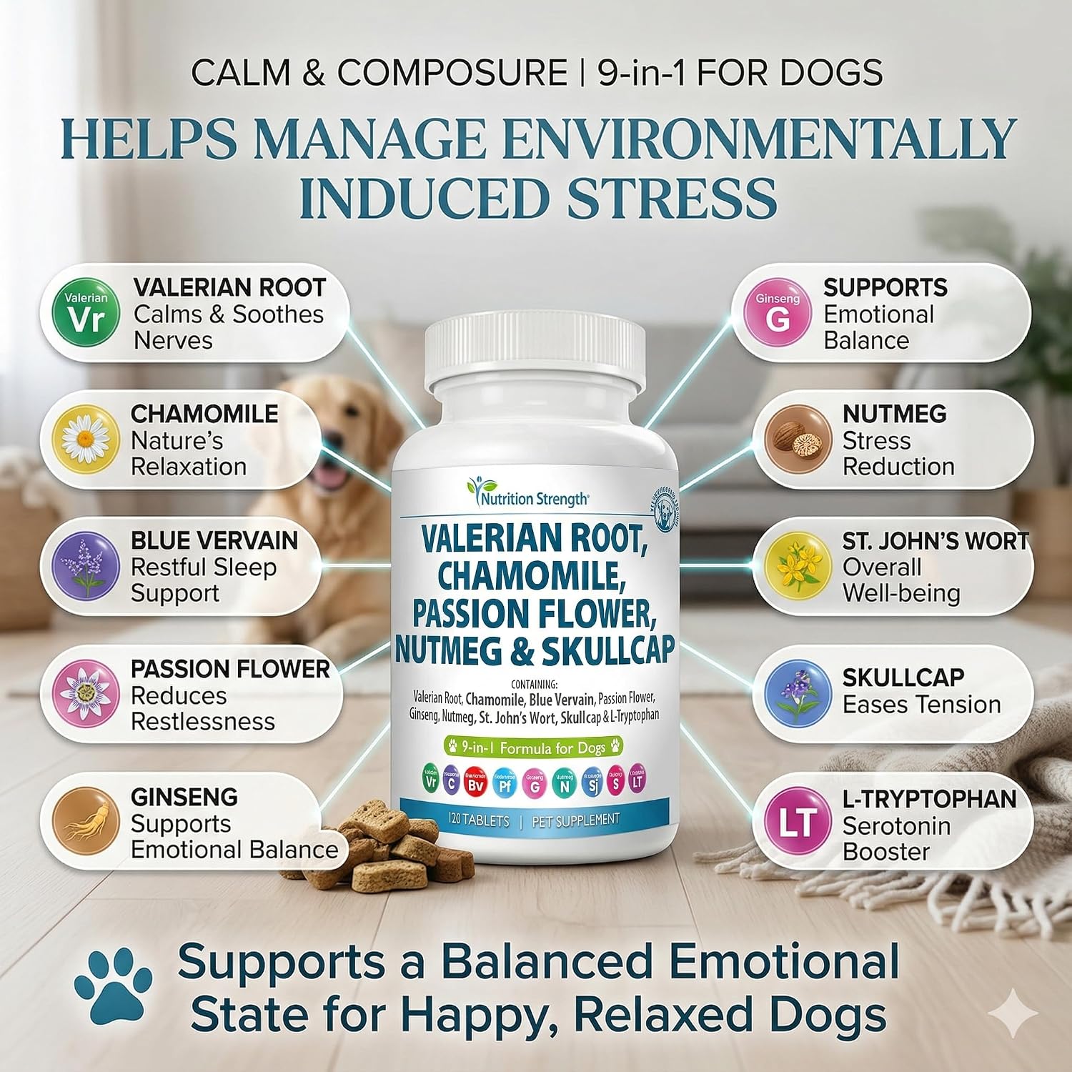 Nutrition Strength 9-en-1 Valeriana para Perros 200mg, Manzanilla 160mg, L-Triptófano y Hierbas para Estrés y Calma, 120 Comprimidos