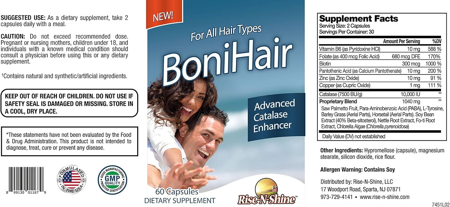 Rise-N-Shine BoniHair Catalase - Saw Palmetto, Biotina, Fo-Ti, 180 Cápsulas (Pack de 3)