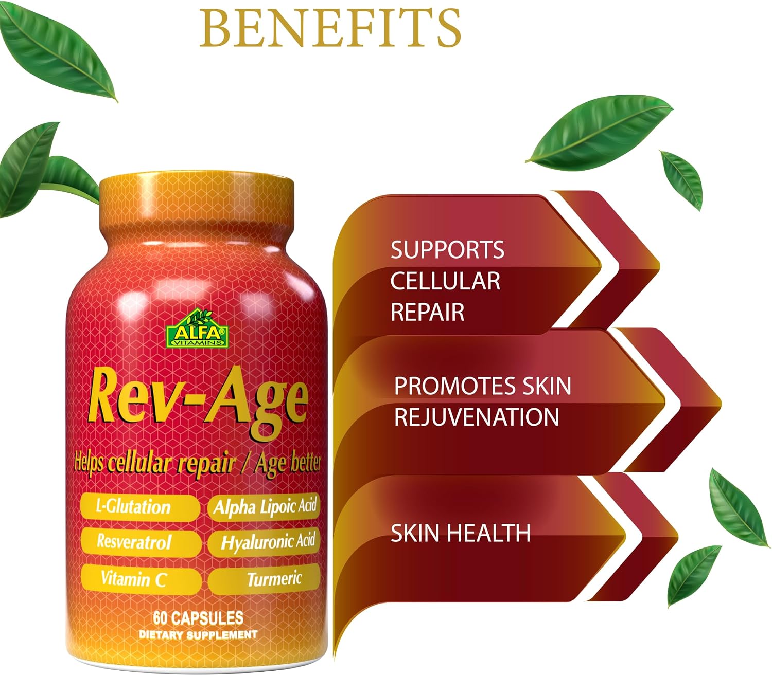 Rev-Age Suplemento de Reparación Celular con Vitamina C, Resveratrol y Astaxantina - 60 Cápsulas