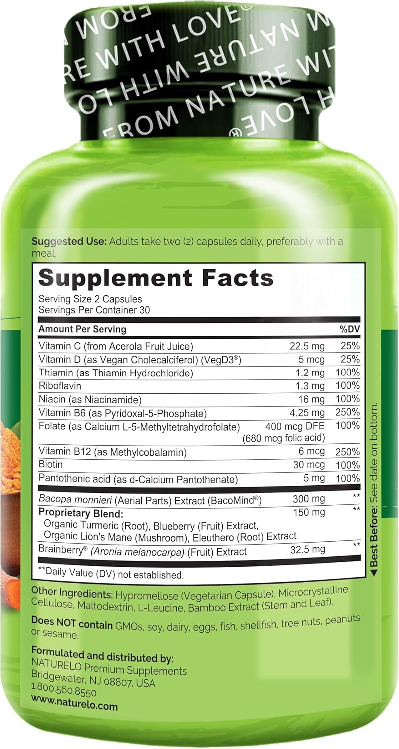 NATURELO Suplemento de Cerebro de Alimentos Integrales - Memoria y Concentración - 60 Cápsulas Vegetales