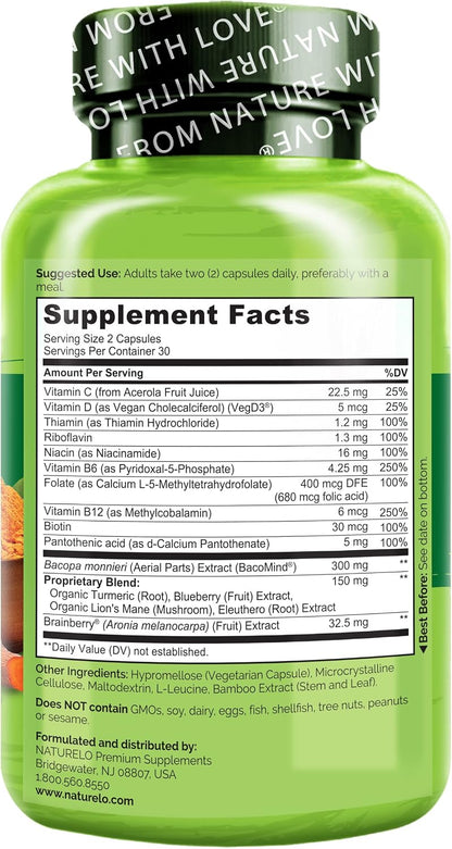 NATURELO Whole Food Brain Supplement - Complemento para la Salud Cerebral con Bacopa, Aronia y Vitaminas B - 60 Cápsulas – Image 6