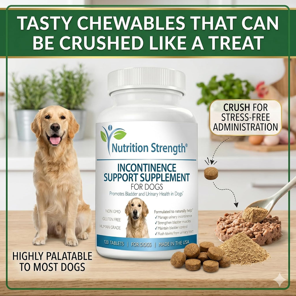 Nutrition Strength Suplemento para la Incontinencia en Perros, Apoyo Orgánico para el Control de la Vejiga, 120 Comprimidos Masticables