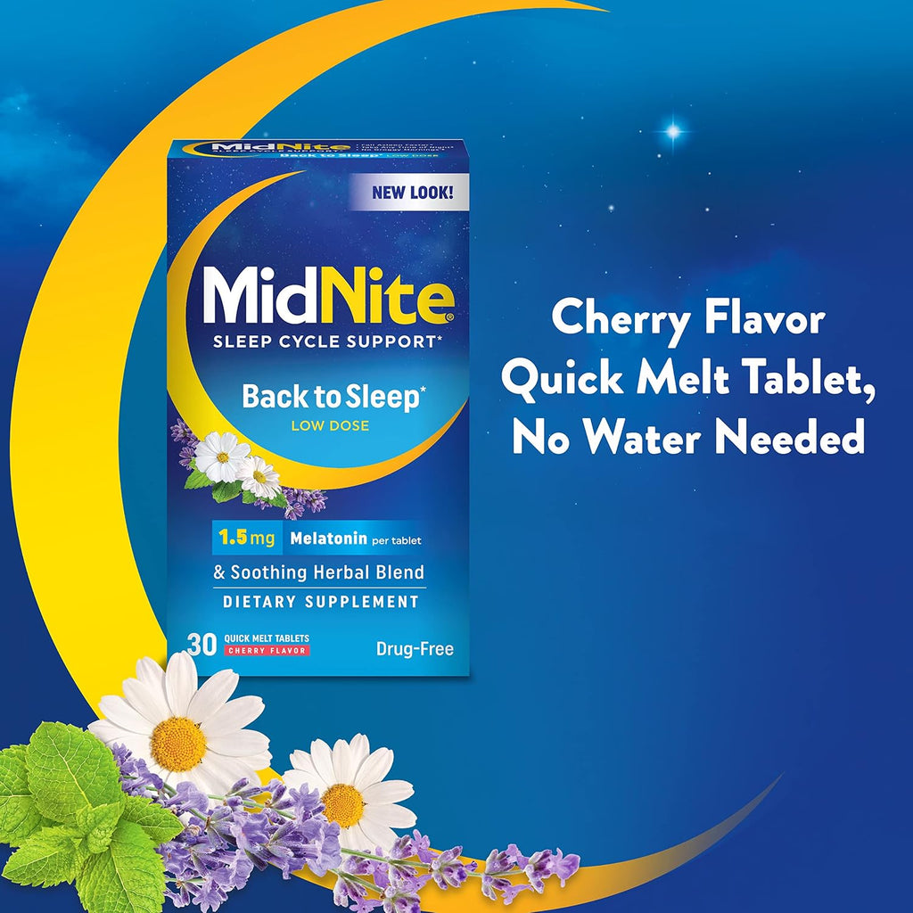 MidNite Back to Sleep Baja Dosis, Melatonina 1.5 mg, Ayuda para Dormir, 30 Comprimidos de Fusión Rápida
