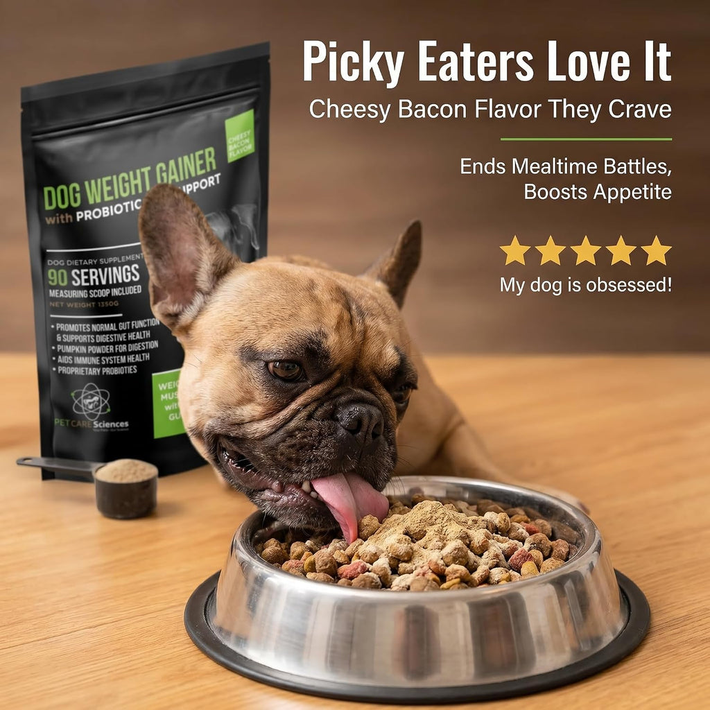 Dog Weight Gainer con Probióticos - Suplemento para Ganar Peso y Músculo en Perros - 90 Dosis - Sabor Queso y Bacon