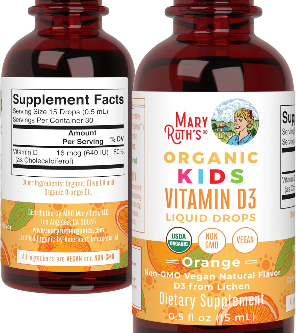 MaryRuth's Gotas Orgánicas de Vitamina D3 para Niños – 640 UI por Dosis – Sabor Naranja – 30 Dosis