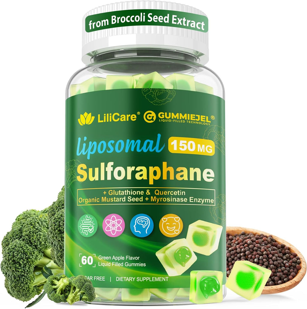 Suplemento de Sulforafano Liposomal 150 mg, Gominolas Masticables con Extracto de Semillas de Brócoli, Mirosinasa, Quercetina y Glutatión - 60 Unidades