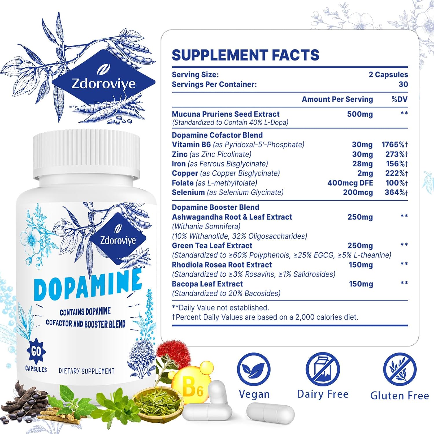 Zdoroviye Dopamina Suplemento para Hombres y Mujeres - Contiene 500mg de Extracto de Mucuna Pruriens (40% L-DOPA) - 60 Cápsulas