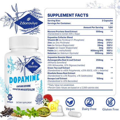 Zdoroviye Dopamina Suplemento para Hombres y Mujeres - Contiene 500mg de Extracto de Mucuna Pruriens (40% L-DOPA) - 60 – Image 2
