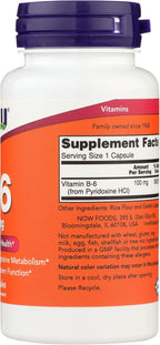NOW Foods Vitamina B6 100mg Cápsulas, 100 unidades