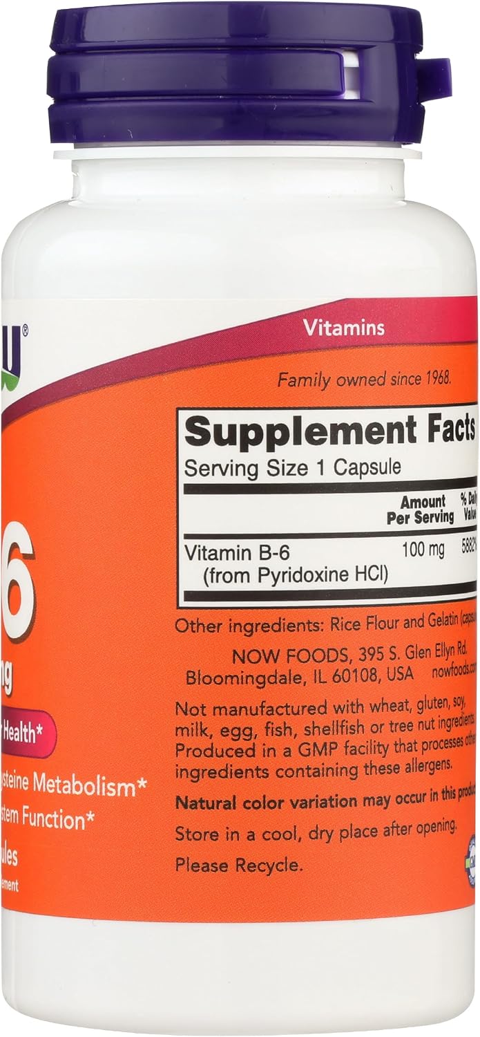 NOW Foods Vitamina B6 100mg Cápsulas, 100 unidades
