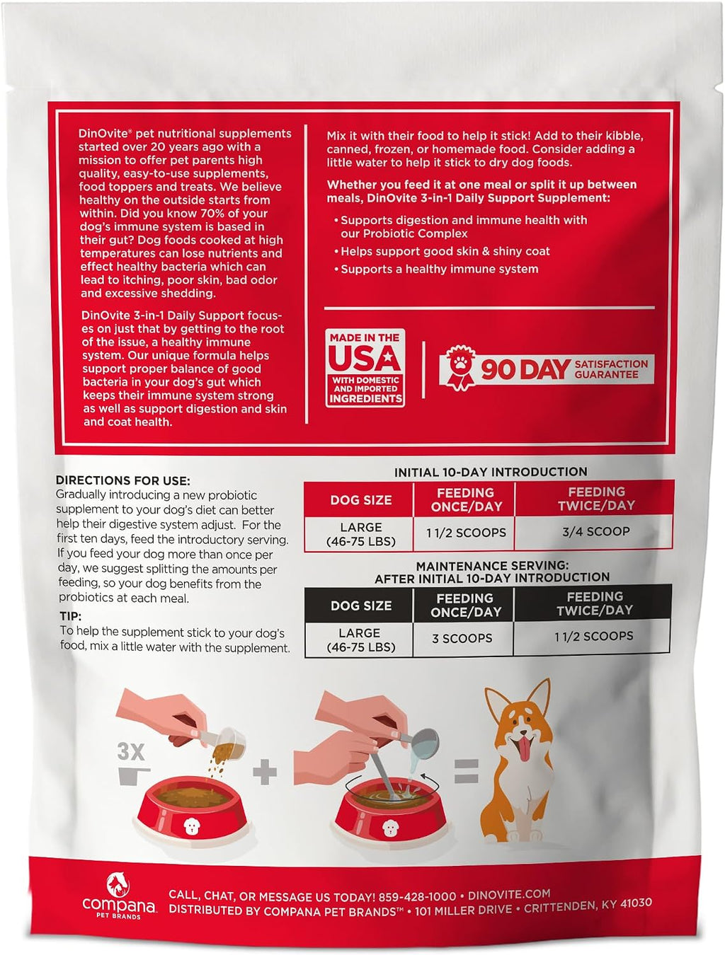 Dinovite Probióticos para Perros, Polvo para Perros Grandes (45+ lb), Apoyo Digestivo y Piel con Omega-3, 90 porciones