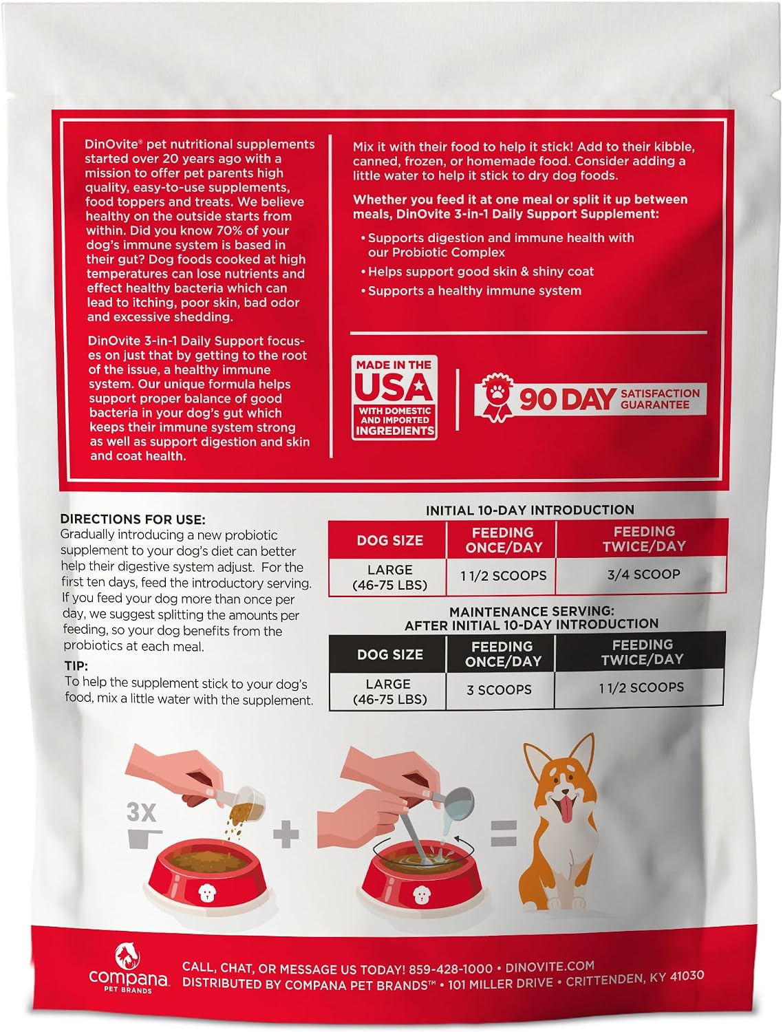 Dinovite Probióticos para Perros, Polvo para Perros Grandes (45+ lb), Apoyo Digestivo y Piel con Omega-3, 90 porciones