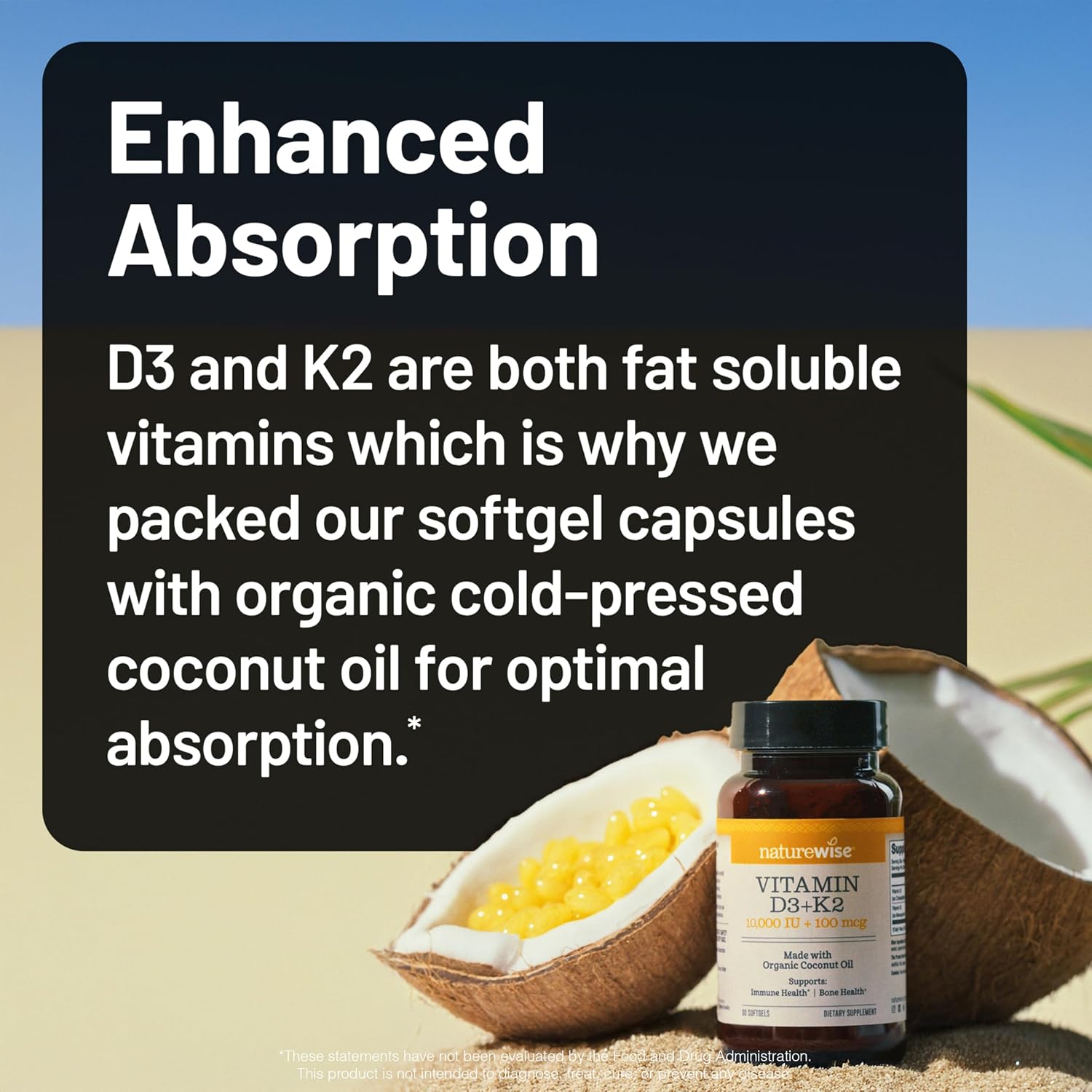 NatureWise Vitamina D3 10.000 UI + K2 (MK-7) 200 mcg con Aceite de Coco Virgen Extra - 90 Cápsulas Blandas