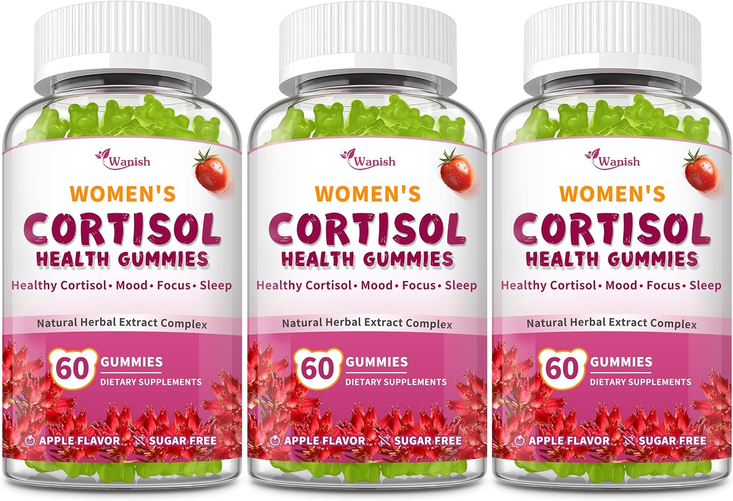Wanish Gominolas de Cortisol para Mujeres - 60 Gominolas Sabor Manzana