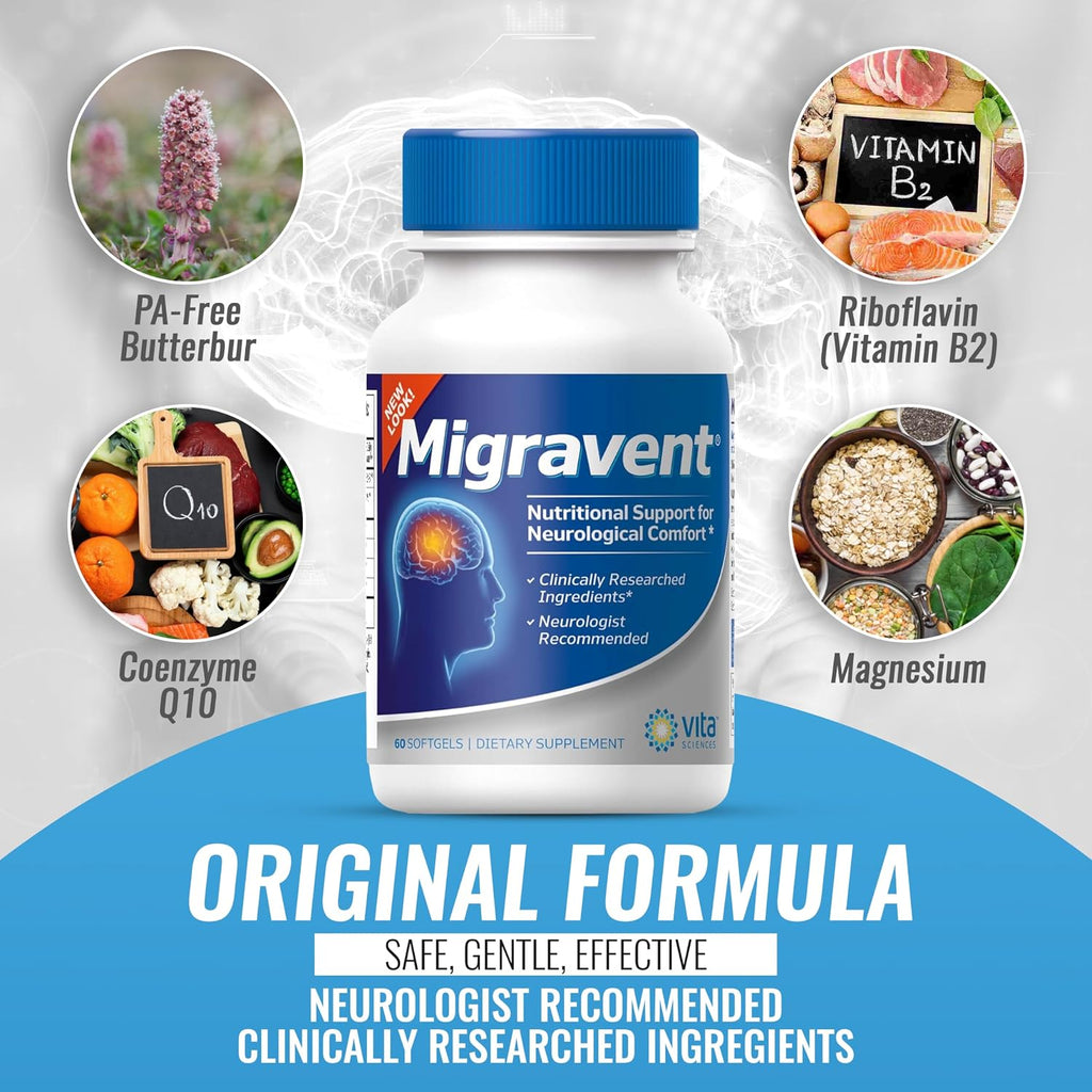 Vita Sciences Migravent Suplemento para el Alivio de Migrañas con Vitamina B2, Riboflavina, Magnesio, Coenzima CoQ10, Petasita Libre de PA, Bioperina, Extractos Herbales Premium (60 Cápsulas, Pack de 6)