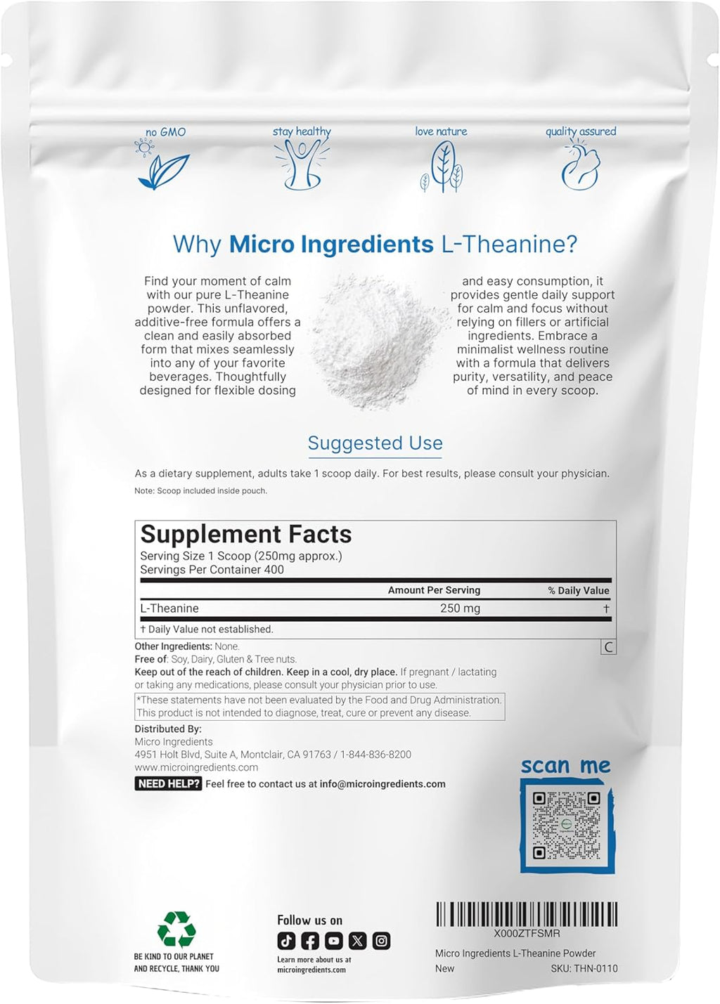 Pure L-Theanine Powder, 100 Grams (1 Year Supply), Filler Free, No GMOs and Vegan Friendly
