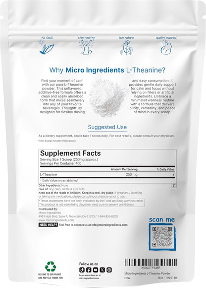 Pure L-Theanine Powder, 100 Grams (1 Year – Sin rellenos, sin OGM, vegano y amigable con el medio ambiente. – Image 2