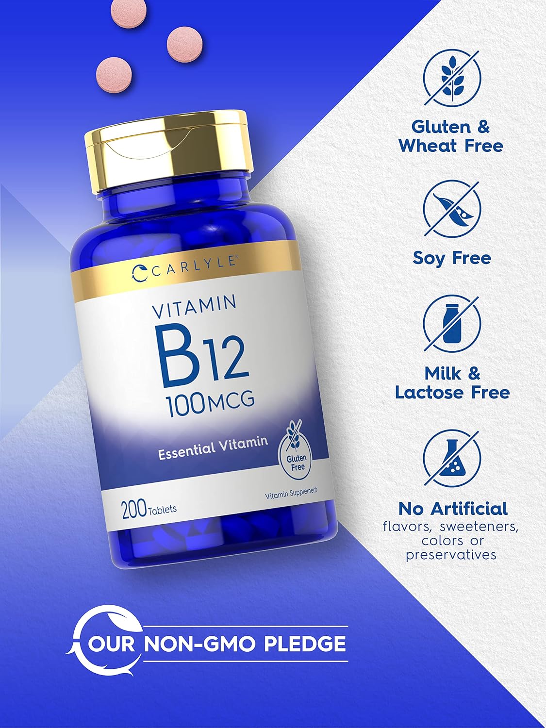 Carlyle Vitamina B12 100 mcg | 200 Comprimidos | Suplemento Esencial | Vegano, Sin OMG y Sin Gluten