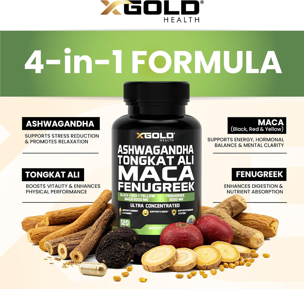 X Gold Health Complejo Herbal Ashwagandha 30:1 + Tongkat Ali 50:1 + Maca 20:1 + Fenogreco 10:1 | Extractos de Alta Potencia | Energía y Vitalidad