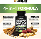 X Gold Health Complejo Herbal Ashwagandha 30:1 + Tongkat Ali 50:1 + Maca 20:1 + Fenogreco 10:1 | Extractos de Alta Potencia | Energía y Vitalidad