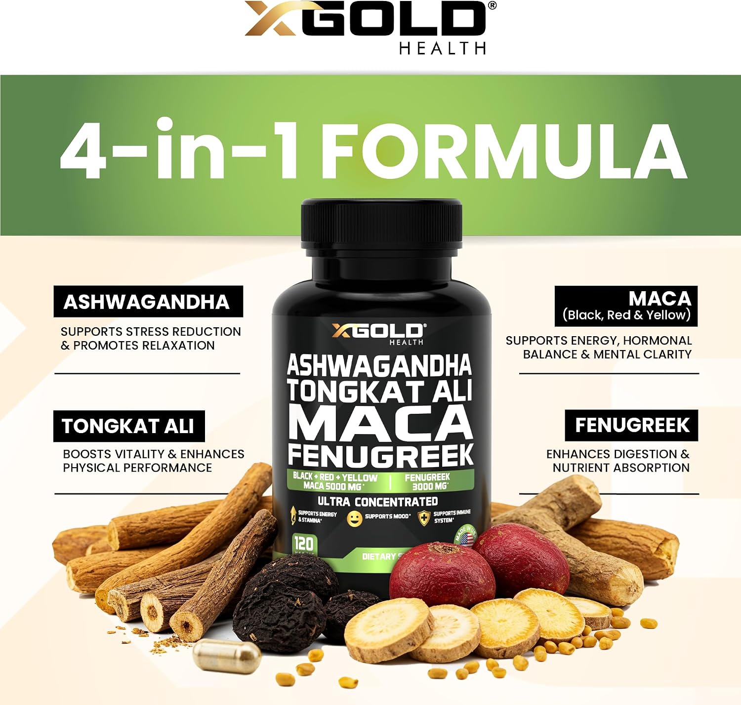 X Gold Health Complejo Herbal Ashwagandha 30:1 + Tongkat Ali 50:1 + Maca 20:1 + Fenogreco 10:1 | Extractos de Alta Potencia | Energía y Vitalidad