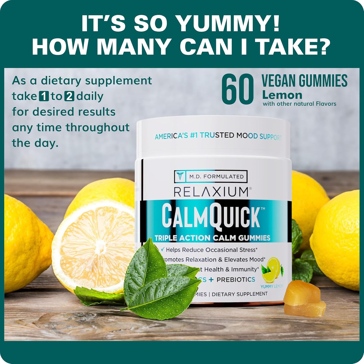 Relaxium Calm Gummies - Gominolas para la Calma, Salud Intestinal y Apoyo Inmune, con Vitamina B6, Magnesio, L-Teanina y Prebióticos, Sabor Limón, 60 unidades