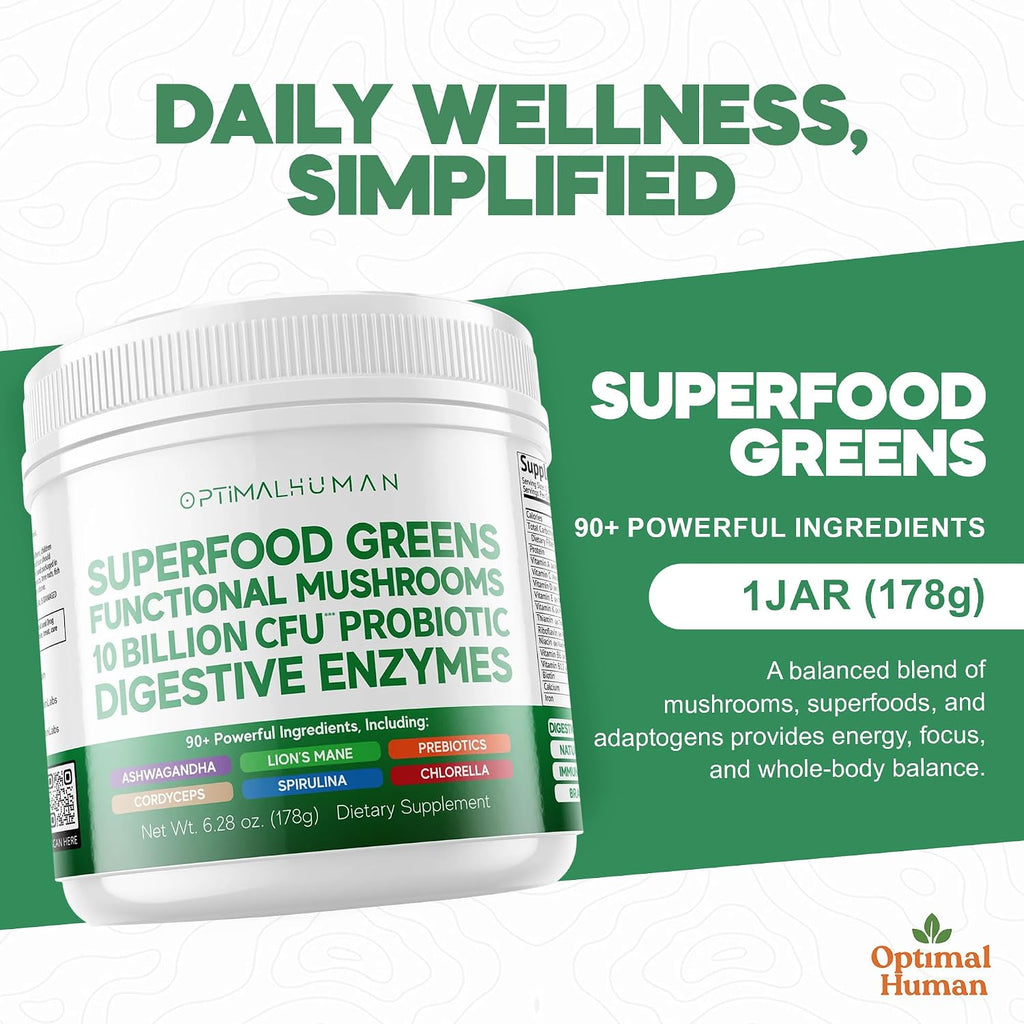 Optimal Human Superfood Greens Powder – Mezcla de 90+ Ingredientes con Lion's Mane, Ashwagandha y Cúrcuma – 178 g