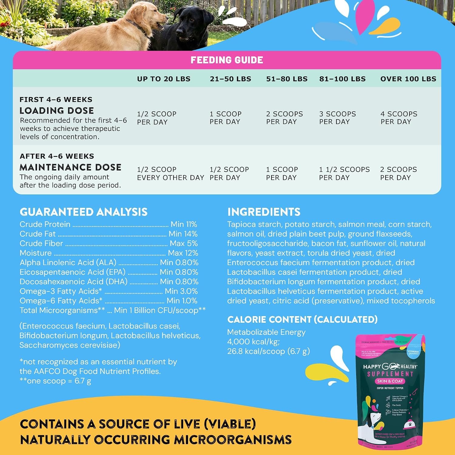 Happy Go Healthy Probióticos para Perros - Suplemento para la Piel y el Pelaje - 60 porciones