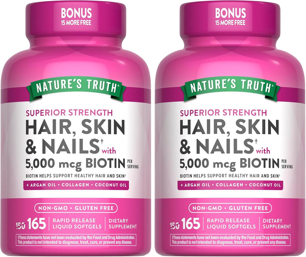 Nature's Truth Hair, Skin & Nails Vitamins | 5000 mcg Biotin | 165 Softgels | with Collagen