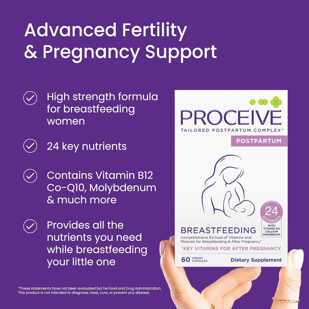 Proceive Vitaminas para la Lactancia para Nuevas Mamás, Suplemento Postnatal Después del Parto, con 24 Nutrientes Clave, 1 Mes de Suministro, Vegano, 60 Cápsulas