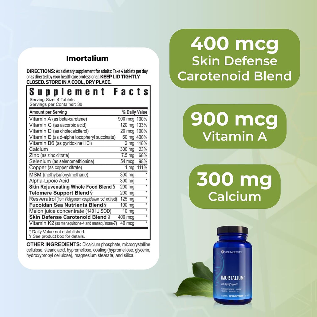 Youngevity Imortalium® - Salud Telomérica, Fucoxantina, Mezcla de Carotenoides, Mezcla de Fucoidan, MSM, Glutatión, Mezcla Rejuvenecedora para la Piel + 12 Alimentos Integrales 120 Cápsulas