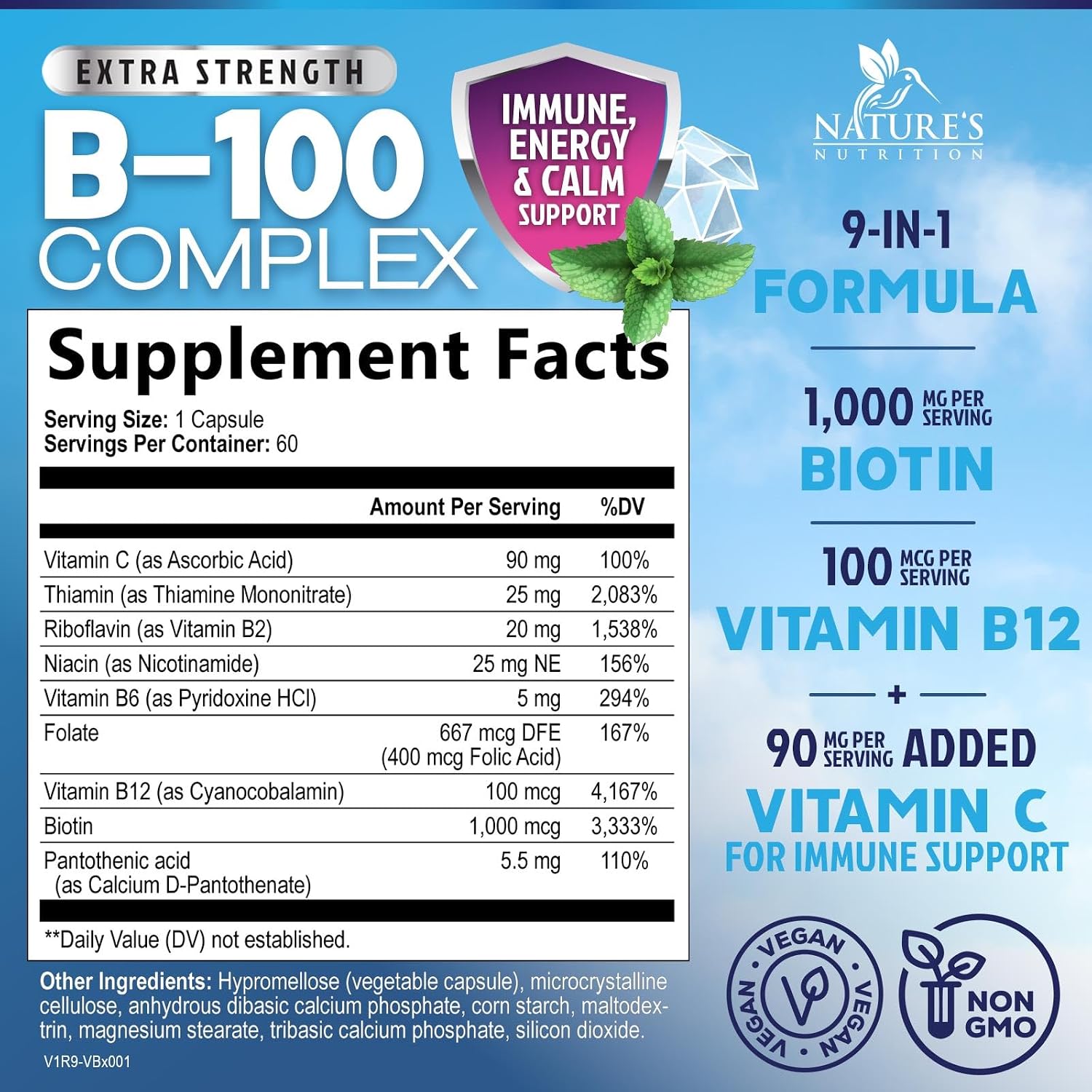 Nature's Nutrition Complejo B-100 Completo - Cápsulas con Vitaminas B12, B6, C, Biotina y Folato - 60 Cápsulas