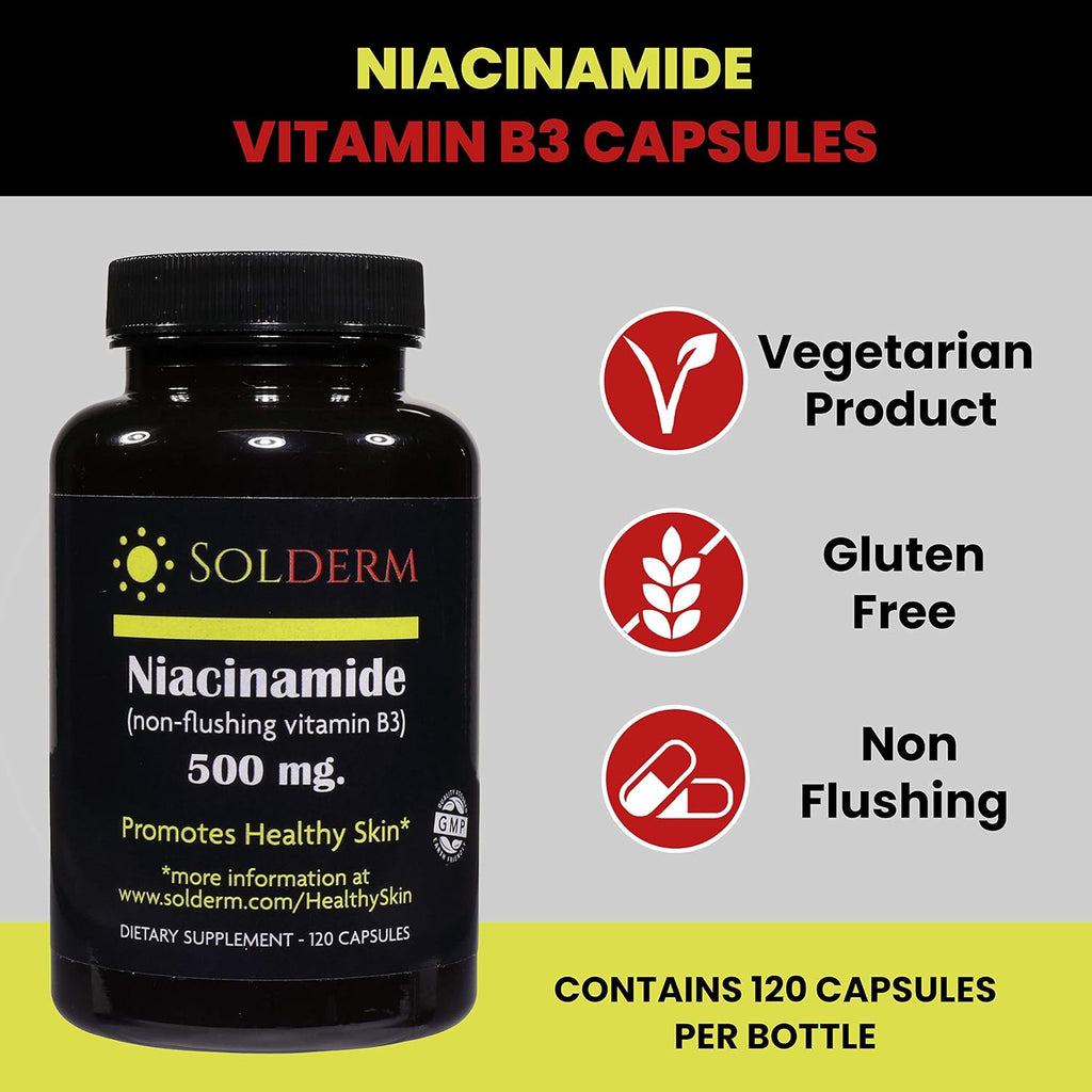 SOLDERM Niacinamide 500mg – No-Flush Vitamin B3, 120 Vegetarian Capsules