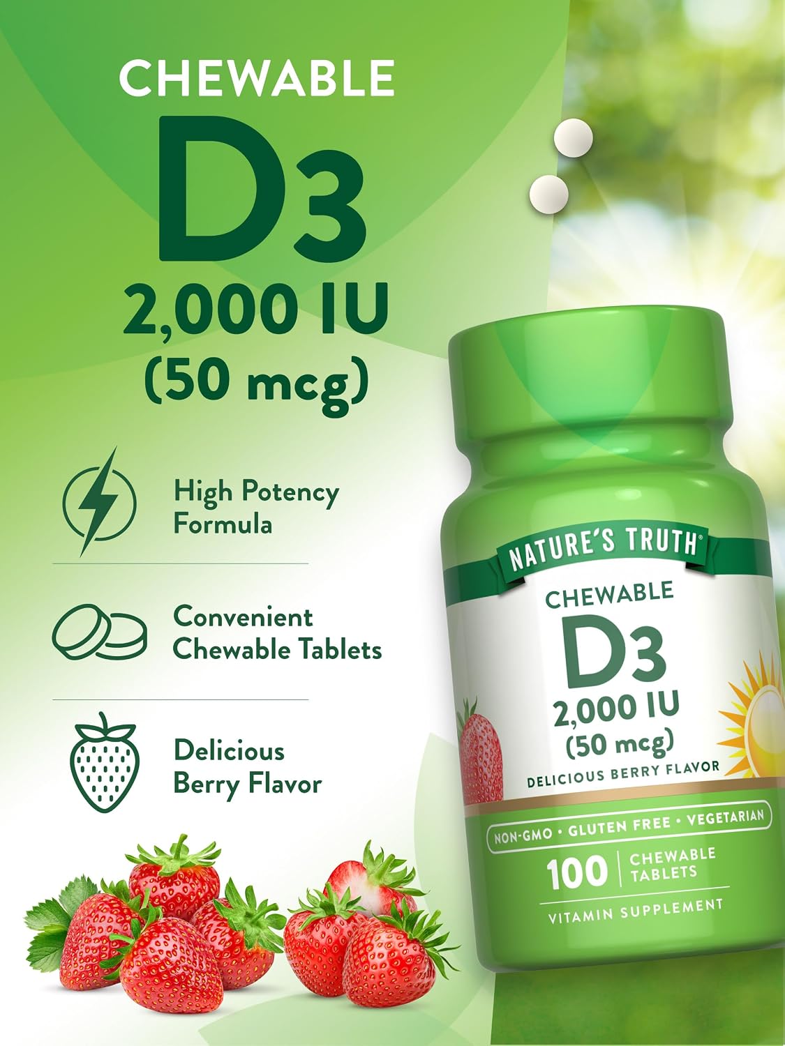 Nature's Truth Vitamina D3 Masticable 2.000 UI | 100 Comprimidos | Sabor a Bayas | Vegetariano, No Transgénico y Sin Gluten
