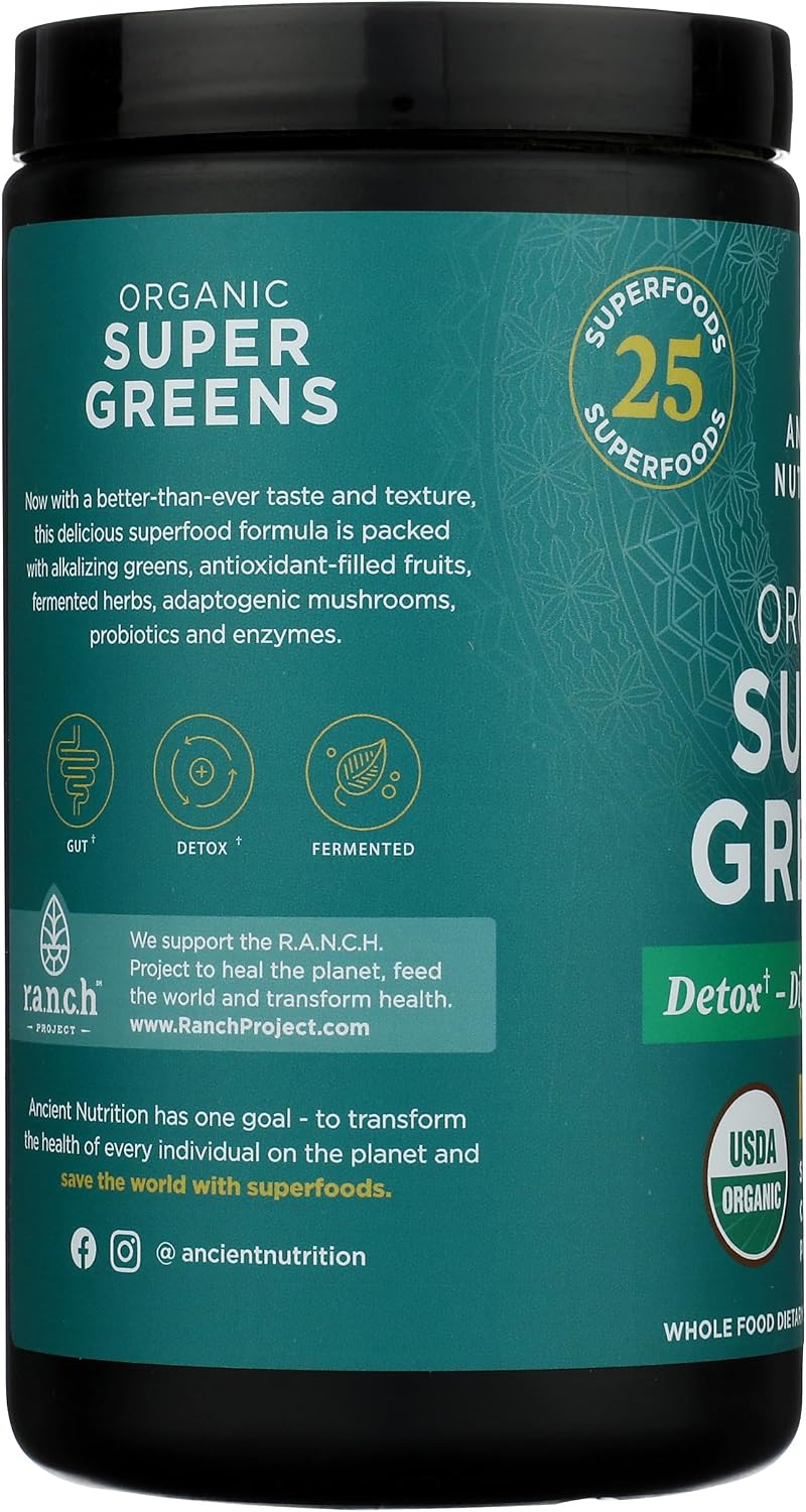 Ancient Nutrition SuperGreens con Probióticos - Polvo Orgánico Sabor Mango, 25 Raciones (193g)