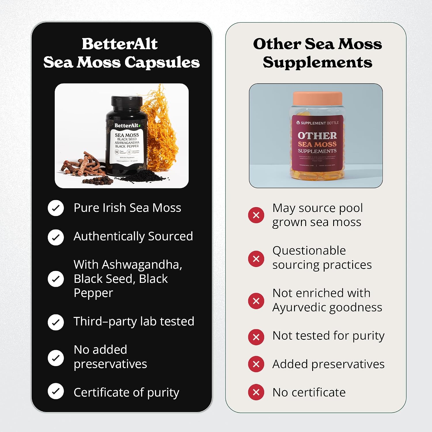 Better Alt Complejo de Sea Moss, Aceite de Semilla Negra, Ashwagandha, Bardana y Bladderwrack con Vitamina C y Pimienta Negra | 120 Cápsulas