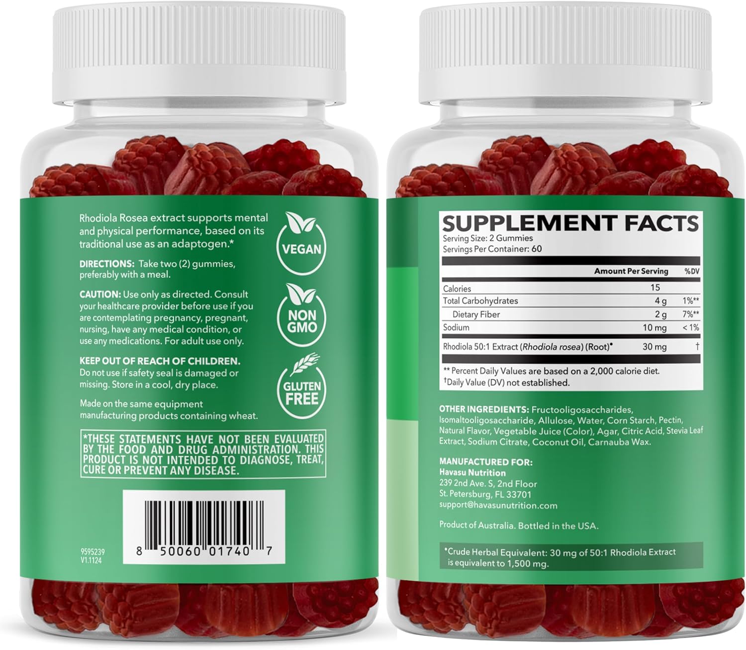 Rhodiola Rosea en Gominolas - Sin Azúcar - Adaptógeno Vegano - 120 Unidades - Sabor Frutos del Bosque