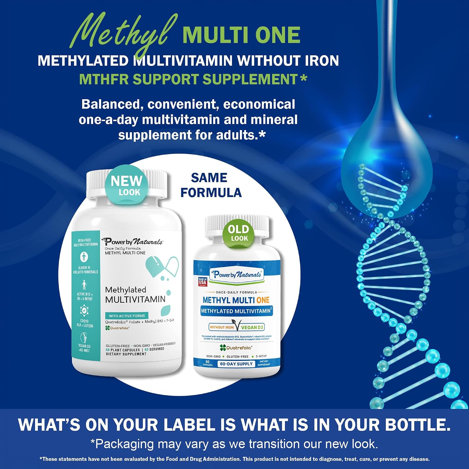 Power By Naturals Methyl Multi One - Multivitamínico Metilado Sin Hierro con 5-MTHF, Metilcobalamina y CoQ10 - 60 Cápsulas
