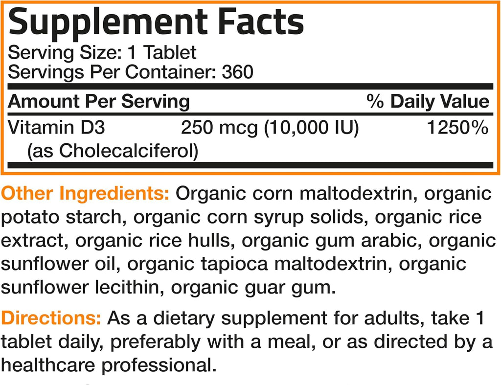 Bronson Vitamina D3 10.000 UI (250 mcg) Orgánica Certificada - 360 Comprimidos