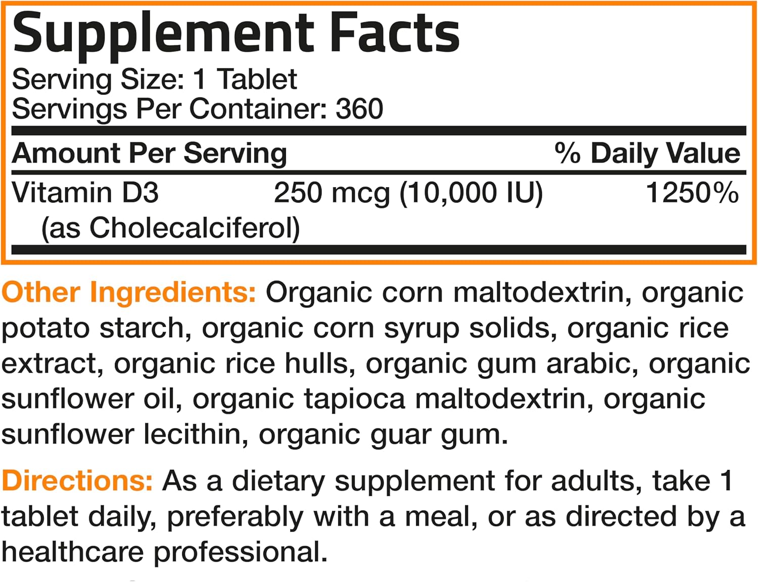 Bronson Vitamina D3 10.000 UI (250 mcg) Orgánica Certificada - 360 Comprimidos