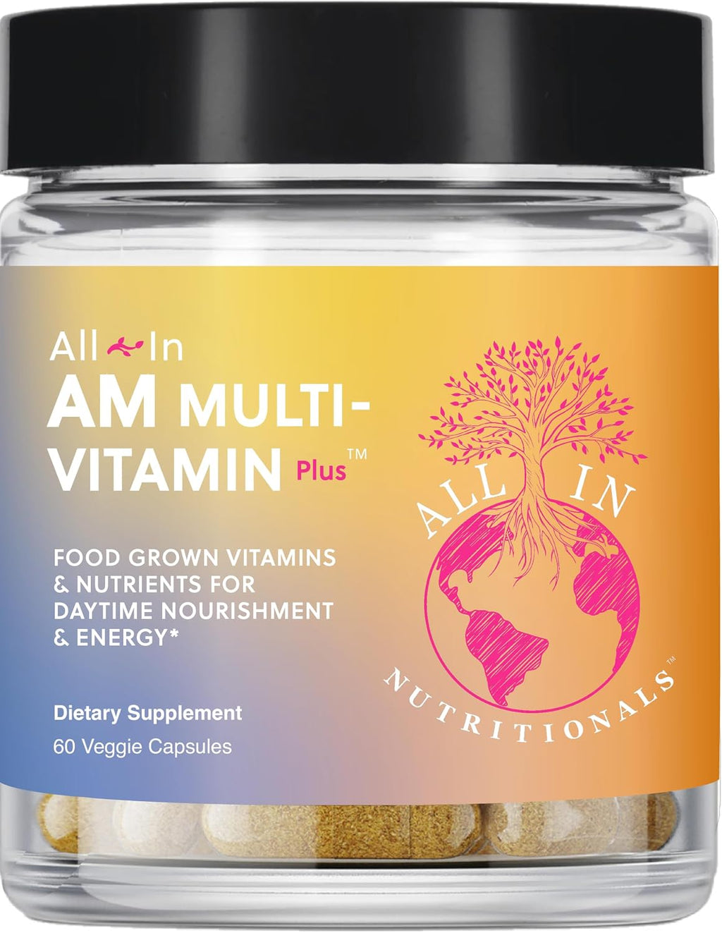 All In Nutritionals AM Multi-Vitamin +: Multivitamínico vegano a base de alimentos con vitamina D3, K2, B12, hierro y ácido fúlvico iónico