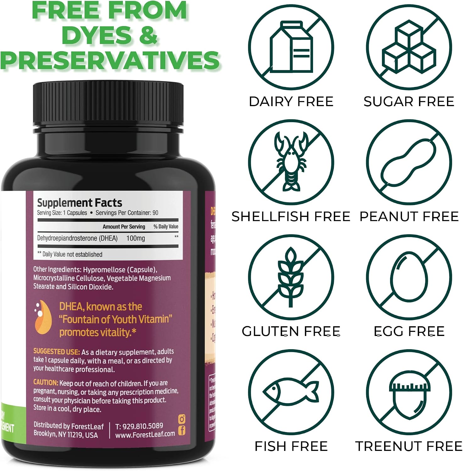 ForestLeaf DHEA 100mg - 90 Cápsulas - Suplemento de DHEA Micronizado