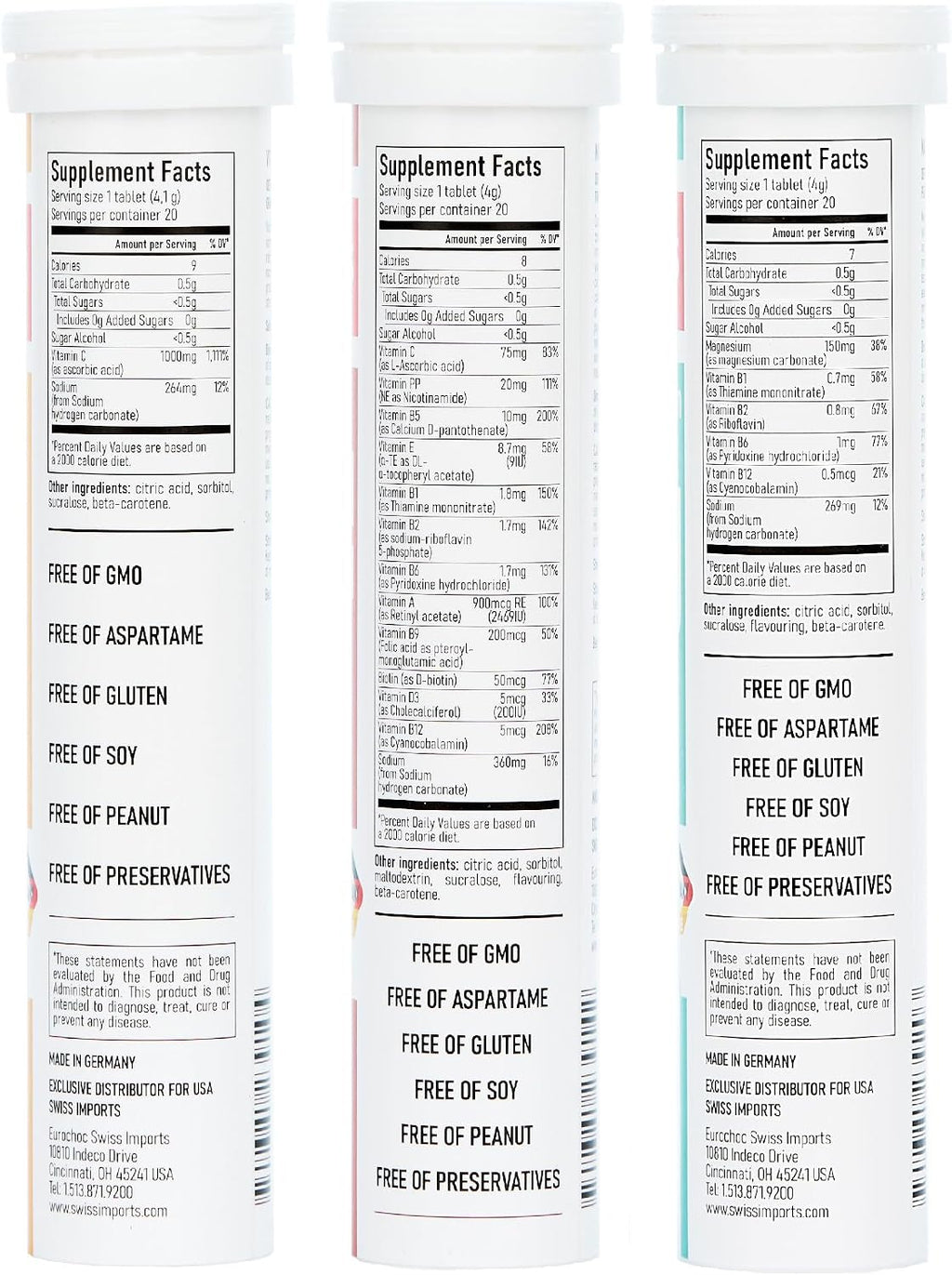 Pack Variado Efervescente con Vitamina C 1000mg, Magnesio + Complejo B, Multivitamínico + Biotina - 12 Tubos, 240 Comprimidos