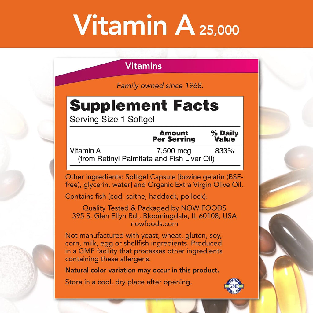 NOW Foods Vitamina A, 25000 UI de Aceite de Hígado de Pescado, 250 Cápsulas Blandas