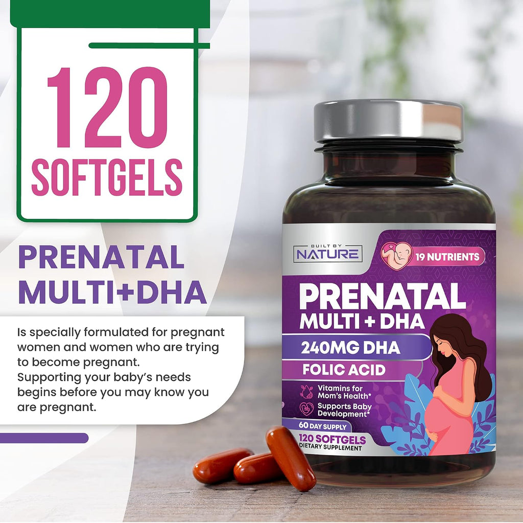 Built by Nature Vitaminas Prenatales para Mujeres - 120 Softgels con DHA y Omega-3, Ácido Fólico, Vitamina C, B12 y Hierro