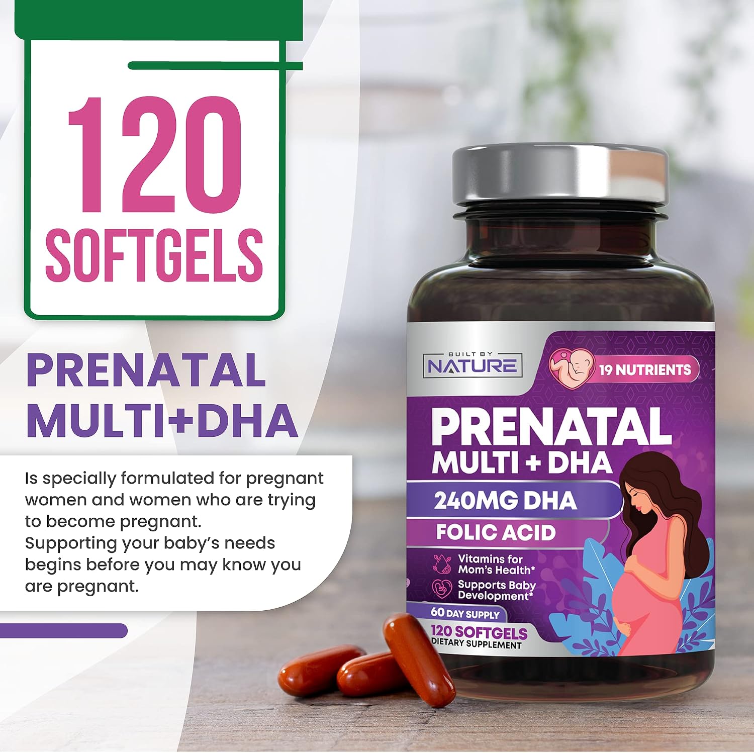 Built by Nature Vitaminas Prenatales para Mujeres - 120 Softgels con DHA y Omega-3, Ácido Fólico, Vitamina C, B12 y Hierro