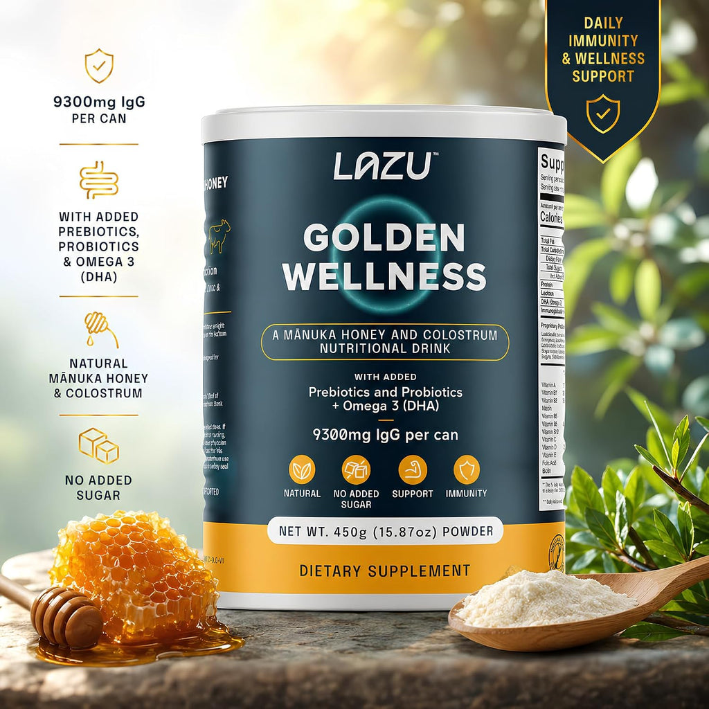 Lazu Golden Wellness Colostro Bovino con Miel de Manuka, Probióticos y Omega-3 - 450g
