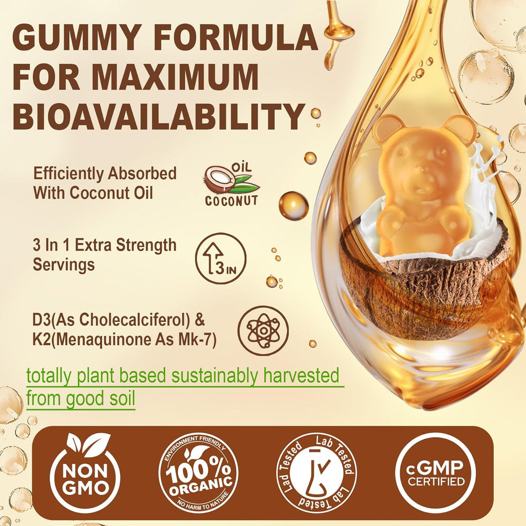 Vitamin D3 K2 Bear Gummies - Vitamina D3 5000 UI, K2 200 mcg + Calcio 600 mg para Adultos, Vegano, 60 Gominolas
