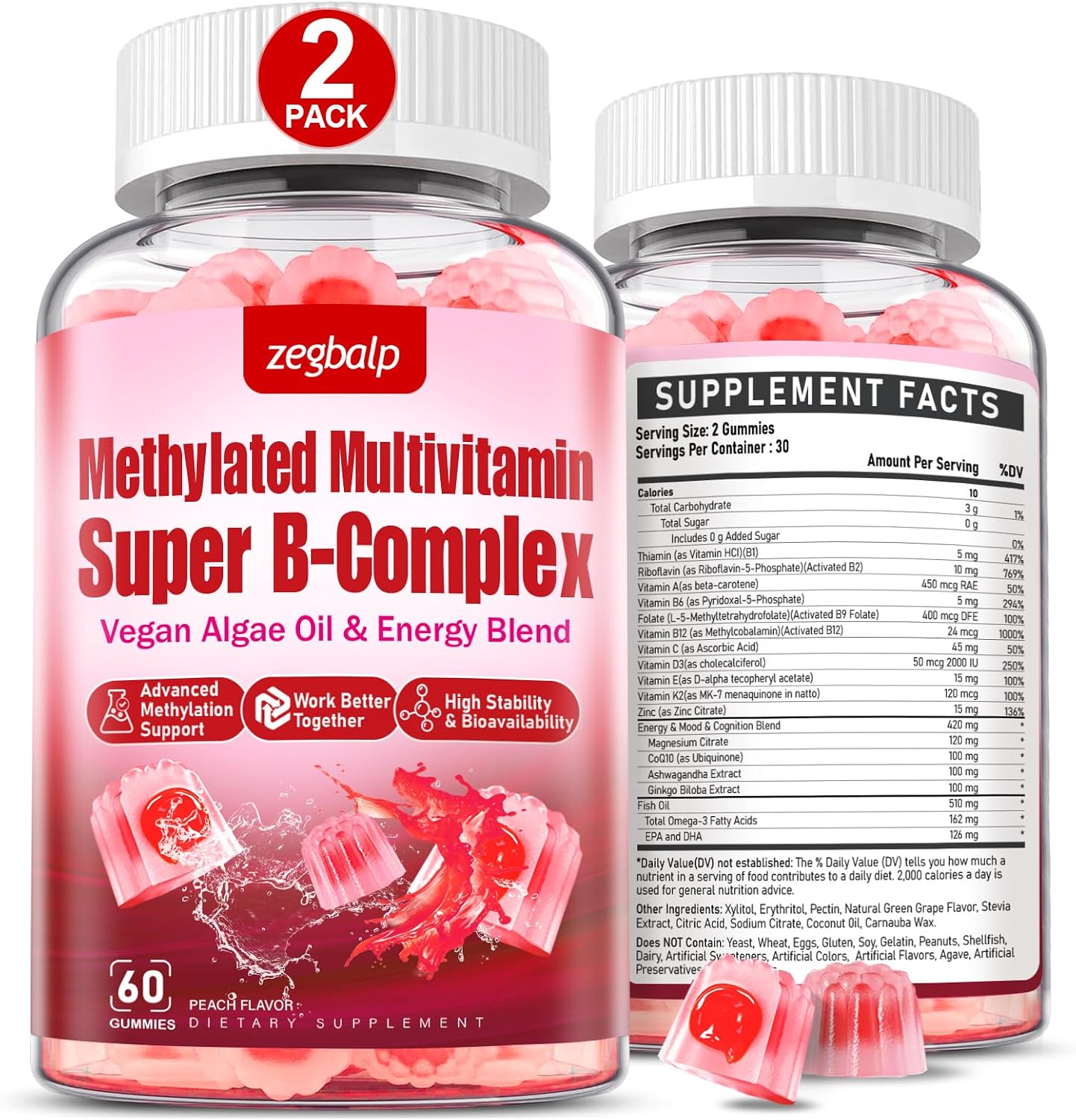 ZEGBALP Multivitamínico Metilado con Complejo B para Mujeres - Gominolas con Vitaminas B1, B2, B6, B12, Folato, C, Magnesio y Omega 3 - Apoyo Energético e Inmunitario - Sin Gluten y Sin Azúcar