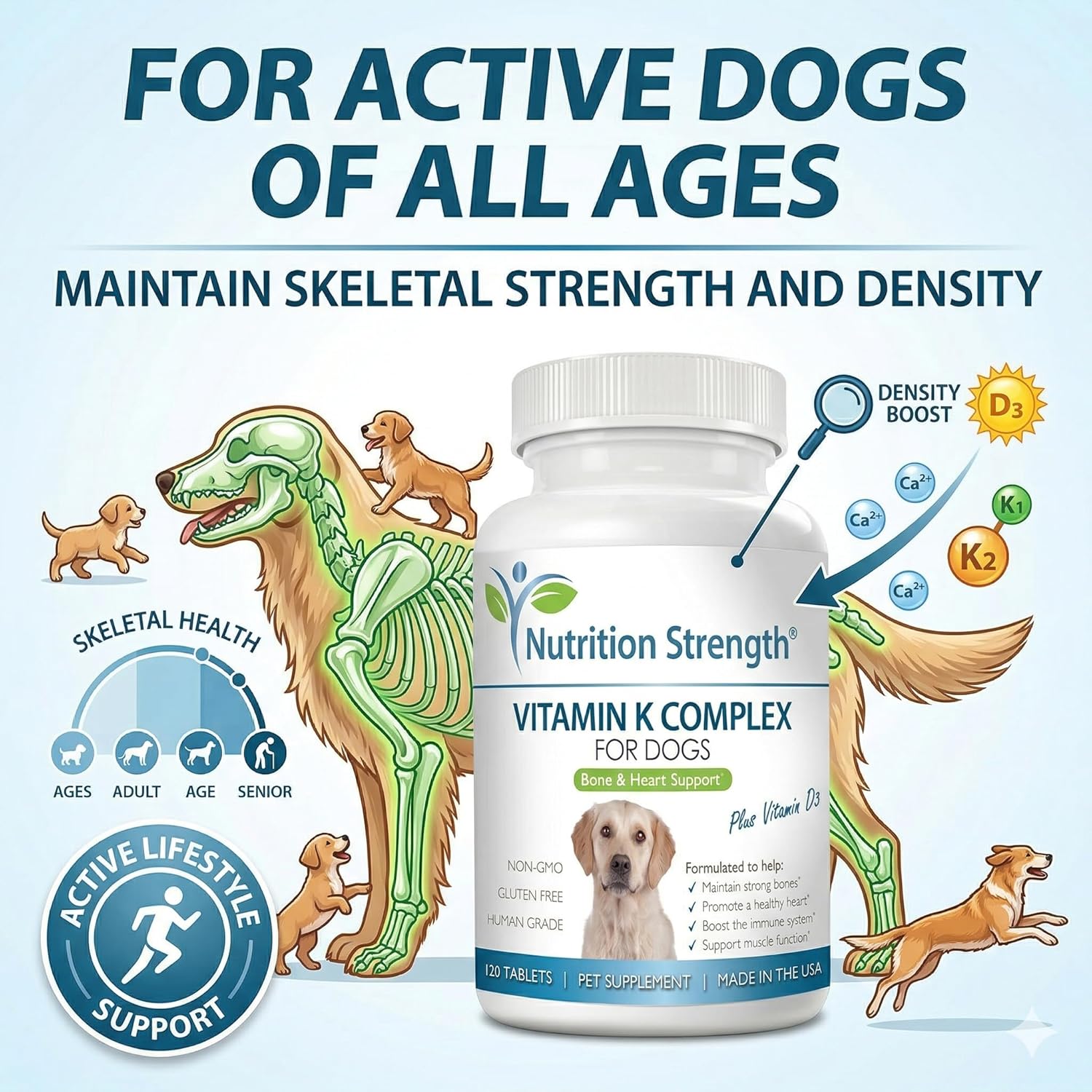Complemento de vitamina K para perros - K1 y K2 (MK4 + MK7) + Vitamina D3 para la salud ósea, apoyo cardíaco y absorción de calcio - Fórmula avanzada para articulaciones fuertes, músculos y sistema inmunitario - 120 comprimidos